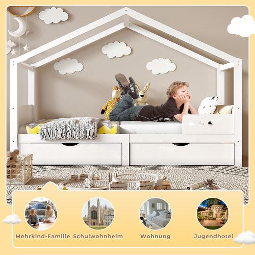 Kinderbett 90x200 cm aus Massivholz – mit Doppelschublade, Absturzsicherung und Lattenrost – Weiß