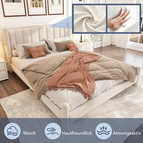 Polsterbett 180x200 cm – Samt in Beige mit Wellen-Kopfteil