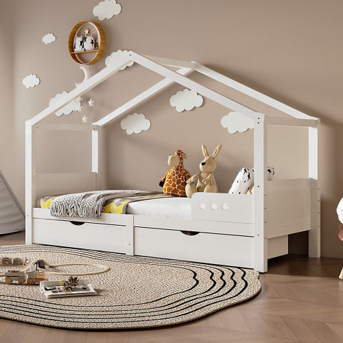 Kinderbett 90x200 cm aus Massivholz – mit Doppelschublade, Absturzsicherung und Lattenrost – Weiß